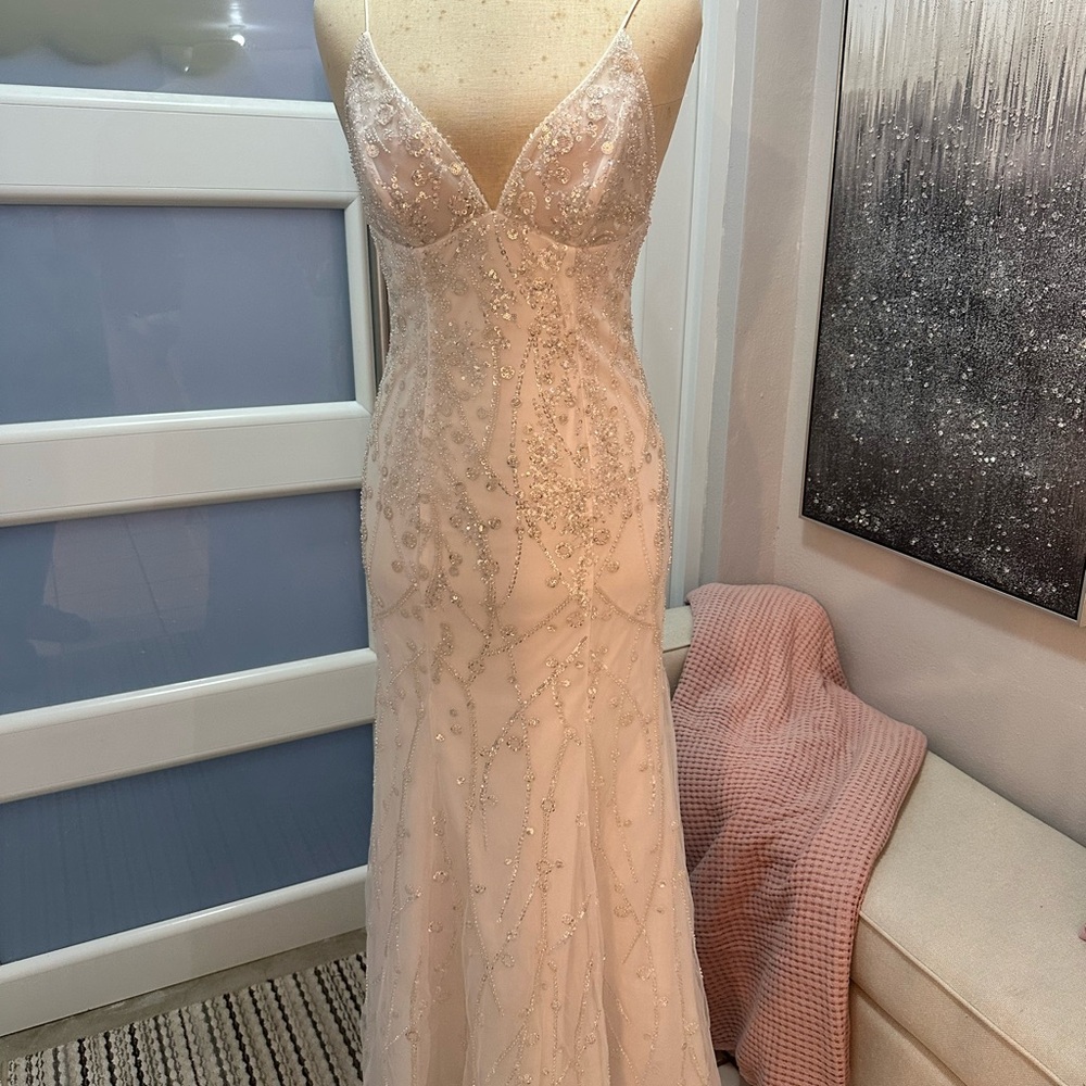2x$100- Beaded Spaghetti-Strap Evening Gown in white